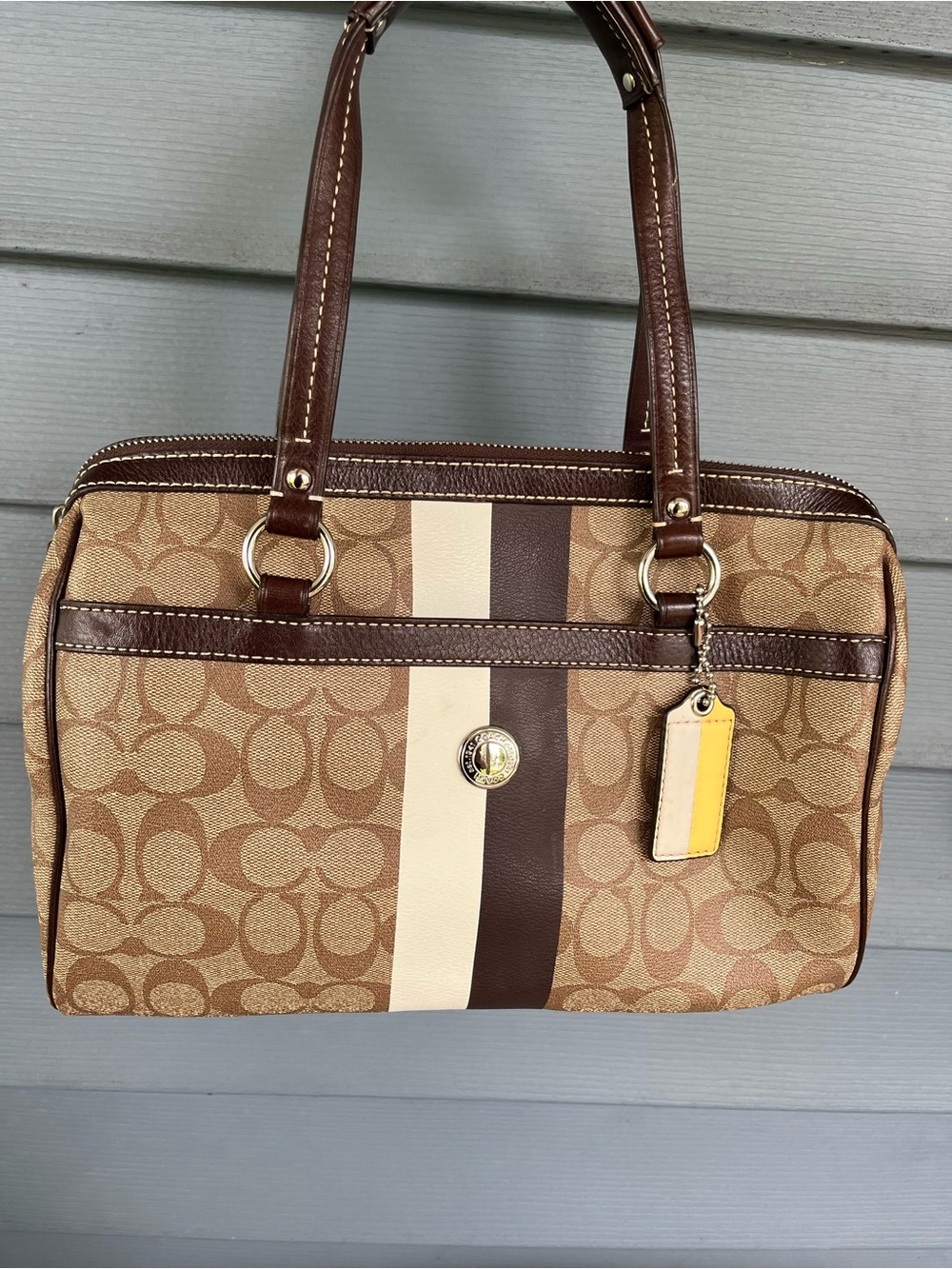 Coach Tan and Dark Brown Signature Stripe Shoulder Bag with Cream Accent